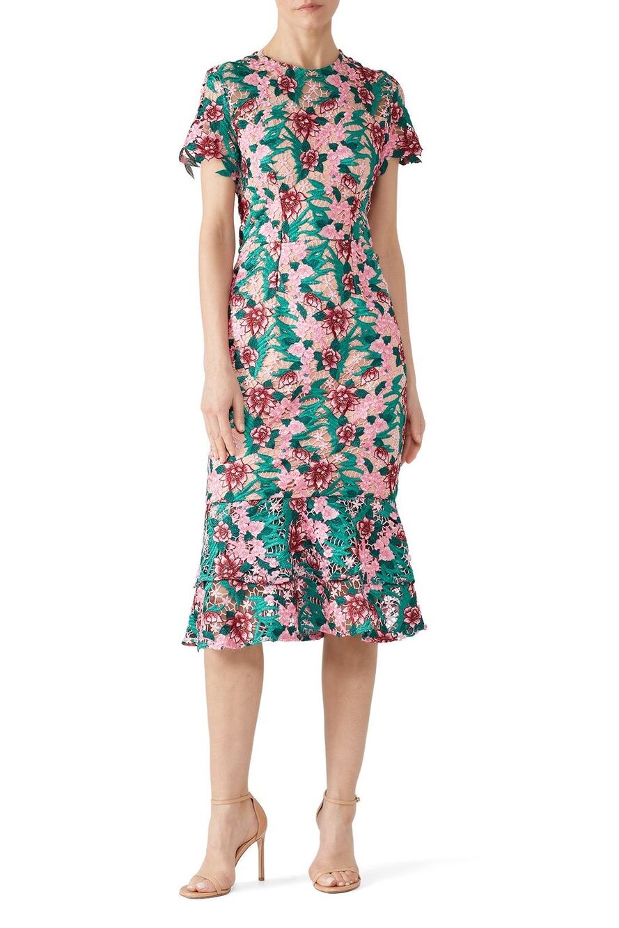 VONE Pink Green Floral Lace Detail Kava Midi Dress Size US 6